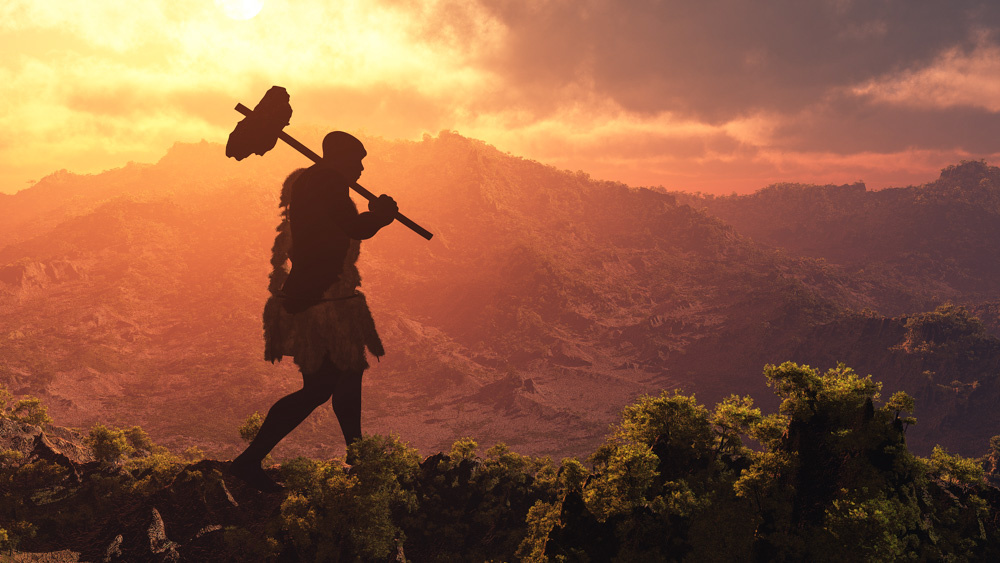 Image of early human walking in front of a sunset. A new study offers hypotheses about the influence of microbes on our early social and daily lives: Frontiers in Ecology and Evolution